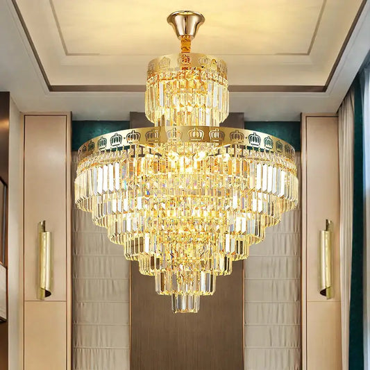 Luxury gold crystal duplex chandelier with cascading prisms and crown decorbites crystal duplex for living room decor