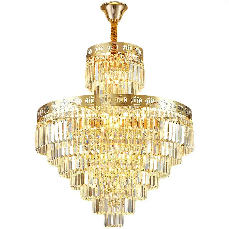 Luxury gold crystal duplex chandelier with cascading clear prisms and crown decorbites motifs for living room decorbites crystal duplex