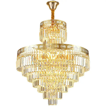 Luxury gold crystal duplex chandelier with cascading clear prisms and crown decorbites motifs for living room decorbites crystal duplex