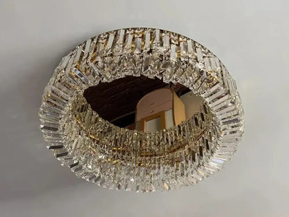 Luxury gold crystal glass round ceiling chandelier featuring clear crystal glass round prisms for living room decorbites decor