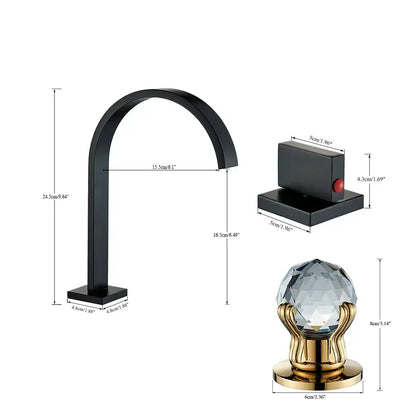 Black matte basin faucet with arched spout and decorbites crystal handle gold for luxury bathroom mixer
