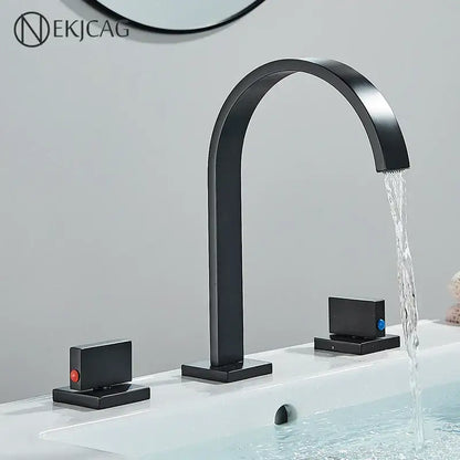 Black matte-finish waterfall basin faucet with two square handles featuring red and blue decorbites crystal handle accents