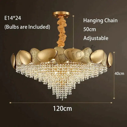 Gold-toned decorbites lizzie led ceiling chandelier with textured shell frame and cascading crystal luxury tassels