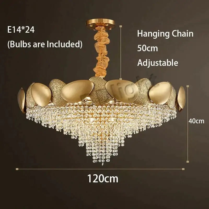 Gold-toned decorbites lizzie led ceiling chandelier with textured shell frame and cascading crystal luxury tassels