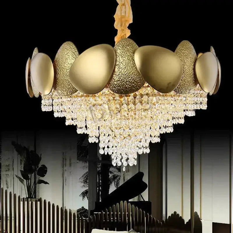 Gold-toned DecorBites™ Lizzie ceiling chandelier with textured metallic orbs and cascading crystal droplets LED ceiling chandelier