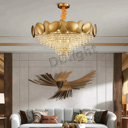 Gold-toned DecorBites™ Lizzie led ceiling chandelier with tiered polished metallic petals and cascading crystal droplets