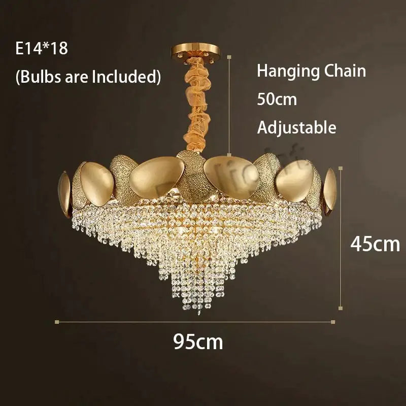 Gold-toned DecorBites Lizzie led ceiling chandelier with tiered polished metallic leaf accents and cascading crystal droplets