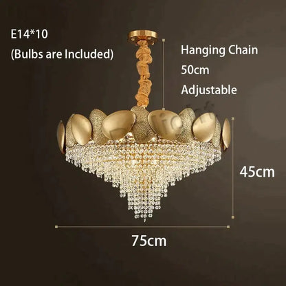 Gold-toned decorbites lizzie led ceiling chandelier with textured shell frame and cascading crystal luxury tassels