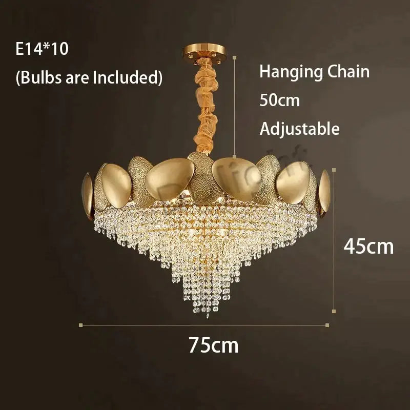 Gold-toned decorbites lizzie led ceiling chandelier with textured shell frame and cascading crystal luxury tassels