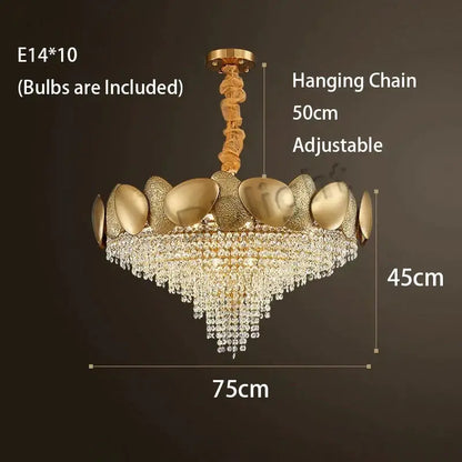 Gold-toned DecorBites Lizzie led ceiling chandelier with shell-like frame and cascading crystal luxury tassels