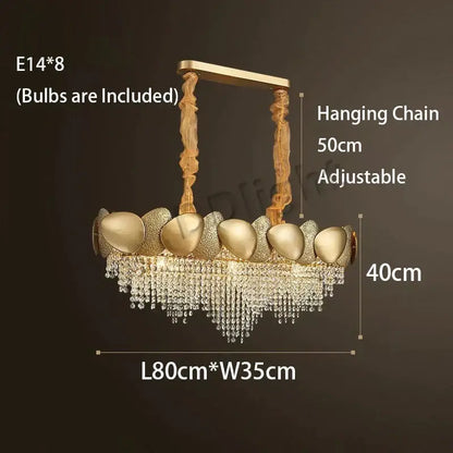 DecorBites™ Lizzie gold-toned led ceiling chandelier with eight egg-shaped fixtures and cascading crystal droplets