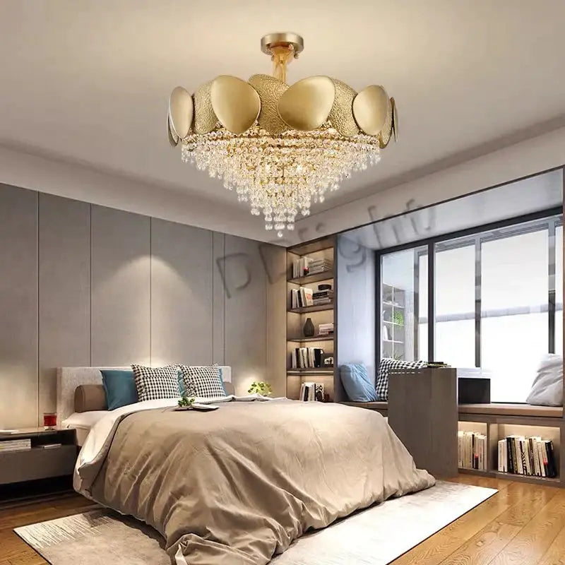 Gold-toned decorbites lizzie led ceiling chandelier with modern petal design and cascading crystal luxury tassels
