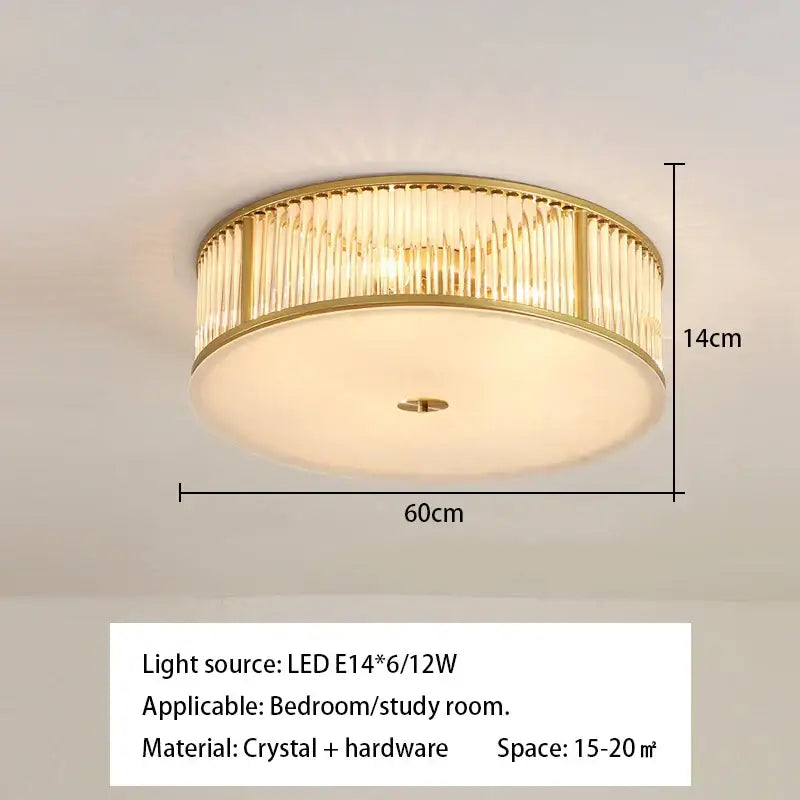 Luxury gold crystal led ceiling lamp featuring vertical crystal rods and frosted glass diffuser for living room decorbites crystal led