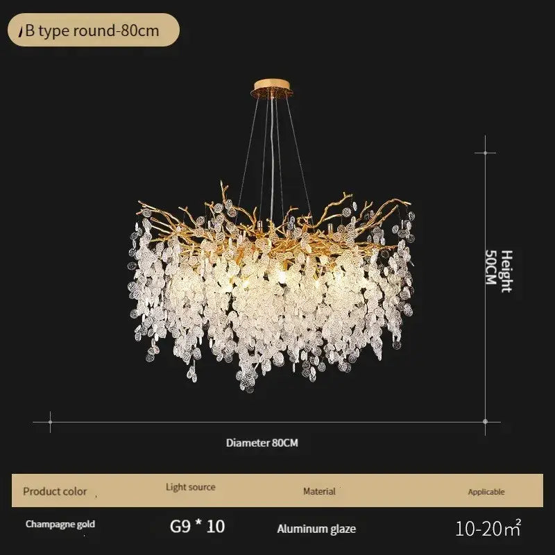 Luxury gold crystal led chandelier featuring branch-like aluminum glaze frame with cascading clear crystals by decorbites crystal led
