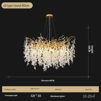 Luxury gold crystal led chandelier featuring branch-like aluminum glaze frame with cascading clear crystals by decorbites crystal led