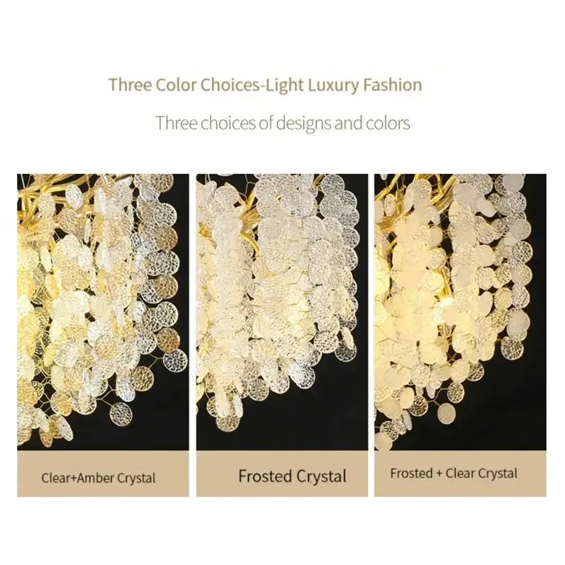 Luxury gold crystal led chandelier dining room pendant light with decorbites crystal led cascading textured amber and frosted discs
