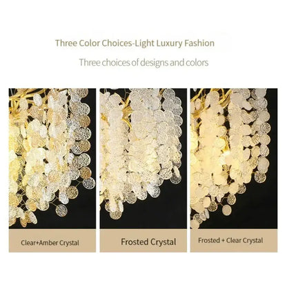 Luxury gold crystal led chandelier dining room pendant light with decorbites crystal led cascading textured amber and frosted discs