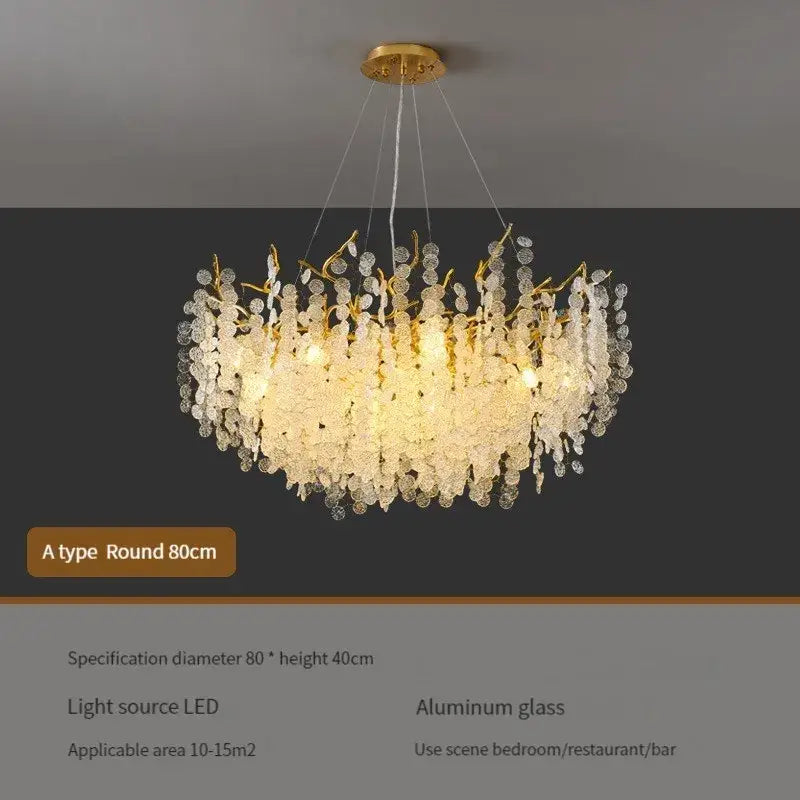 Luxury gold crystal led chandelier with an 80cm gold-toned metal frame and cascading clear glass crystal droplets decorbites crystal led