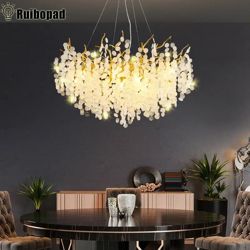 Luxury gold crystal led chandelier with cascading white crystal droplets and illuminated branches for dining room decorbites crystal led