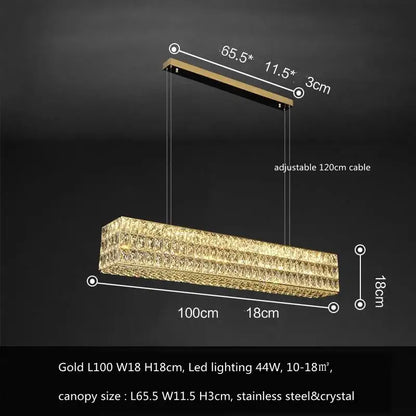 Luxury gold crystal led pendant light featuring a rectangular gold body with crystal accents and stainless steel canopy