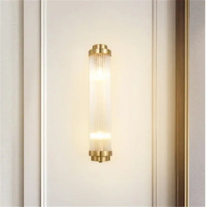Luxury gold crystal led wall sconce with cylindrical glass prism body and warm light for bedroom led wall lighting