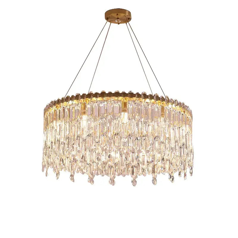 Luxury gold crystal pendant chandelier with cascading clear crystal prisms by decorbites crystal pendant for living room decor