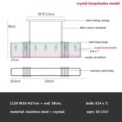 Luxury gold crystal rectangular pendant lights with stainless steel frame and seven lampshades for dining room decorbites gold lustre