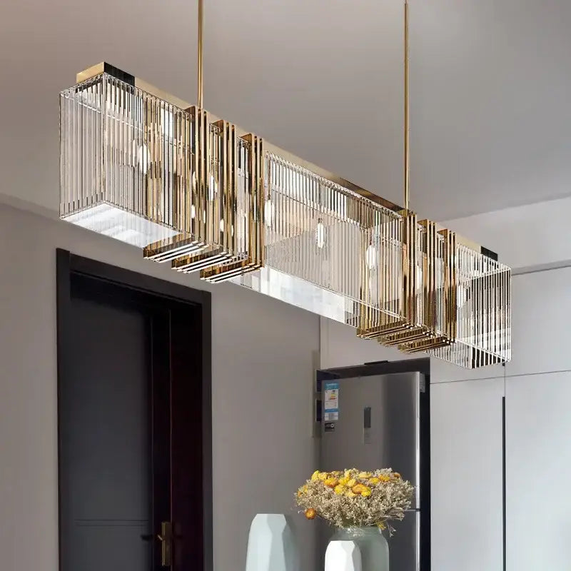 Luxury gold crystal rectangular pendant lights with vertical rods and recessed lighting for dining room decorbites gold lustre