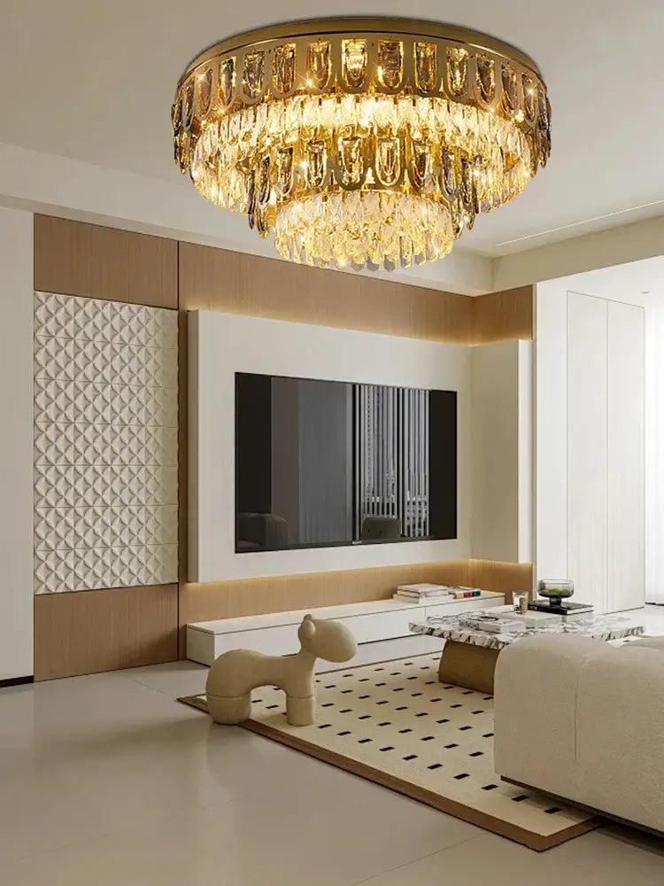 Luxury gold crystal round ceiling chandelier with cascading crystal droplets for elegant dining room decorbites crystal round