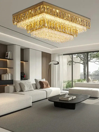 Luxury gold crystal round ceiling chandelier with gold-toned rectangular frame and cascading crystal droplets for dining room decorbites crystal round
