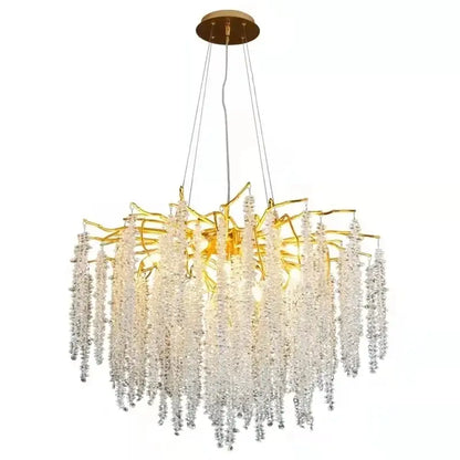 Luxury gold crystal tassel chandelier with cascading clear crystal beads for living room decorbites crystal tassel lighting