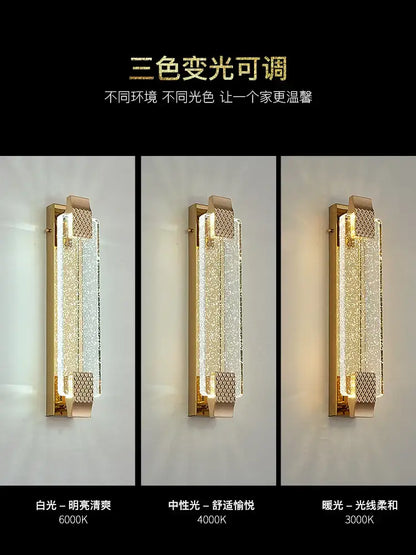 Luxury gold crystal wall lamp with textured crystal panel emitting warm or cool white light in three adjustable tones