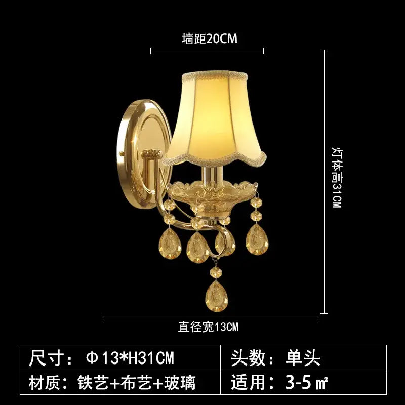 Luxury gold crystal wall sconce with fabric shade and amber teardrop pendants from decorbites crystal chandeliers