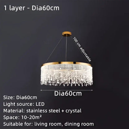 Luxury gold crystal water curtain pendant chandelier with circular frame and cascading crystal droplets for living room decorbites crystal water