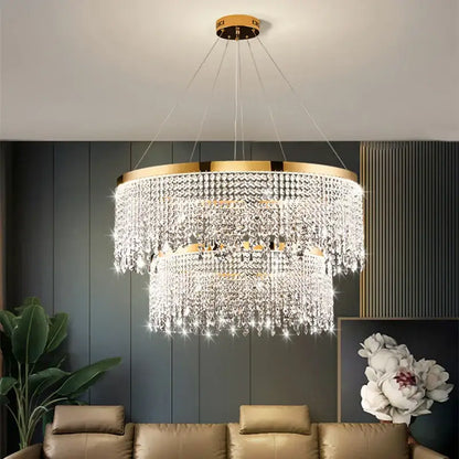 Luxury gold crystal water curtain pendant chandelier with multi-tiered clear crystals for living room decorbites crystal water