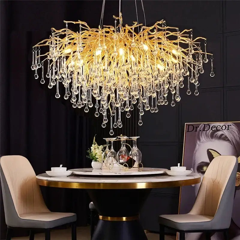 Luxury gold crystal water drop chandelier with cascading crystal droplets for elegant dining room decorbites crystal water drop