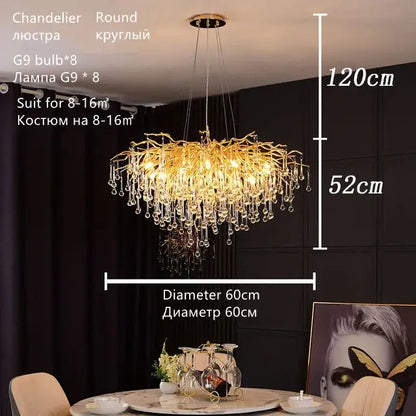 Luxury gold crystal water drop chandelier with golden branch design and decorbites crystal water droplets for dining room decor