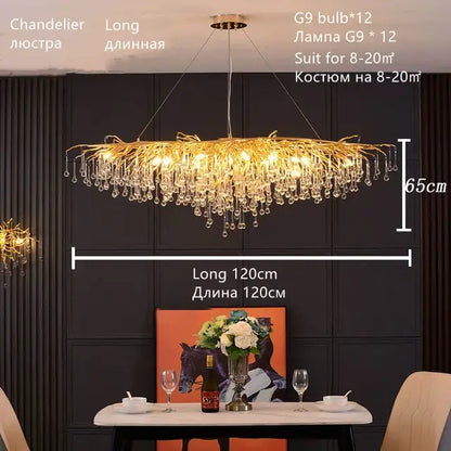 Luxury gold crystal water drop chandelier with cascading droplets and modern metallic frame for dining room decorbites crystal water drop lighting