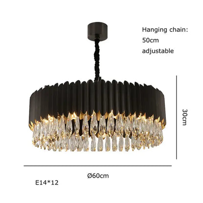 Black metal chandelier pendant lights with circular frame and cascading clear decorbites crystal water droplets for dining room