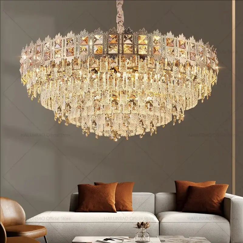 Luxury gold decorbites crystal chandelier with cascading faceted glass tiers and intricate metalwork for living room