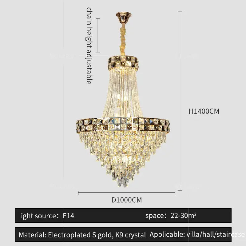 Luxury gold decorbites crystal chandelier with cascading k9 crystal tiers and central decorative ring for living room