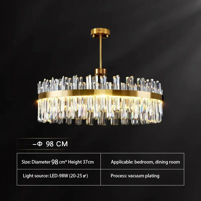 Luxury gold decorbites crystal chandeliers featuring gold-plated frame and cascading clear crystal prisms for dining room
