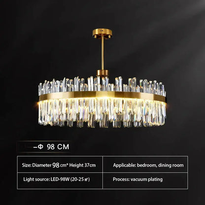 Luxury gold decorbites crystal chandeliers featuring gold-plated frame and cascading clear crystal prisms for dining room