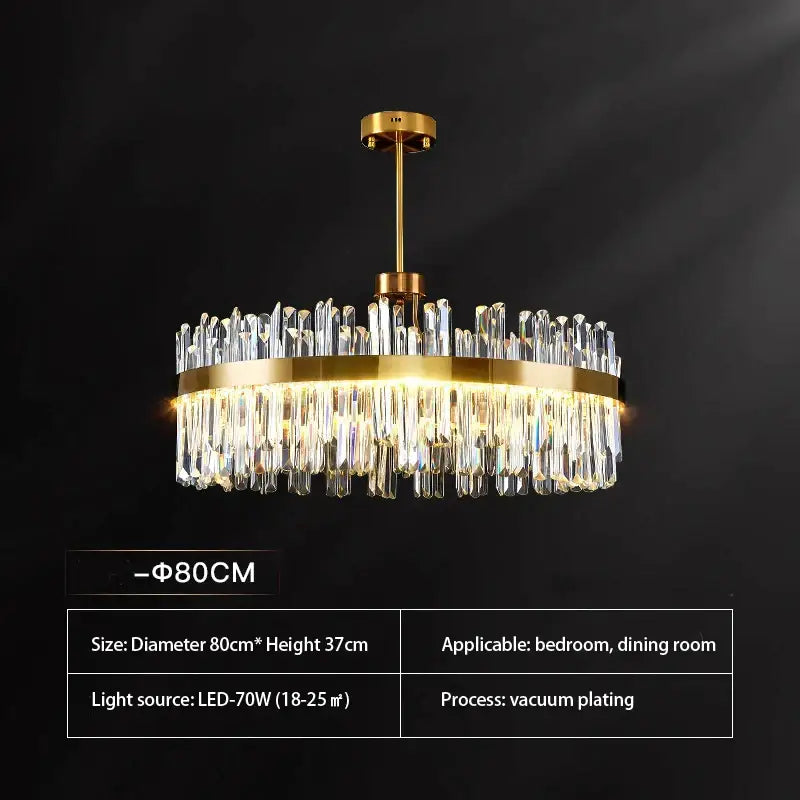 Luxury gold decorbites crystal chandelier with circular frame and hanging crystal rods for dining room lighting