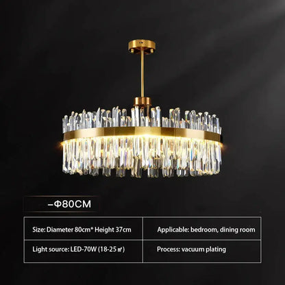 Luxury gold decorbites crystal chandelier with circular frame and hanging crystal rods for dining room lighting