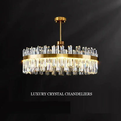 Luxury gold decorbites crystal chandeliers featuring cascading clear crystal prisms for elegant dining rooms