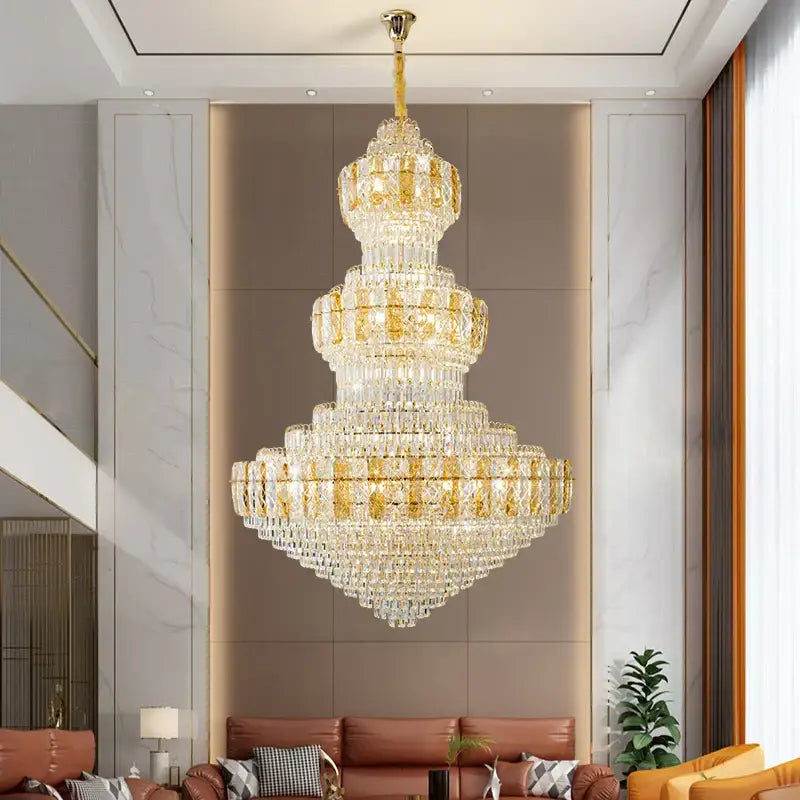 Luxury gold decorbites crystal duplex headlight chandelier with multi-tiered clear faceted crystals for living room decor