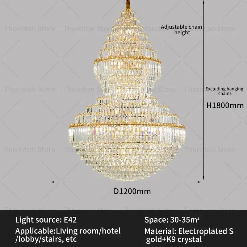 Luxury gold decorbites crystal hollow chandelier with cascading crystal strands and electroplated metal, 1800mm height