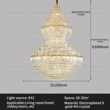 Luxury gold decorbites crystal hollow chandelier with cascading crystal strands and electroplated metal, 1800mm height
