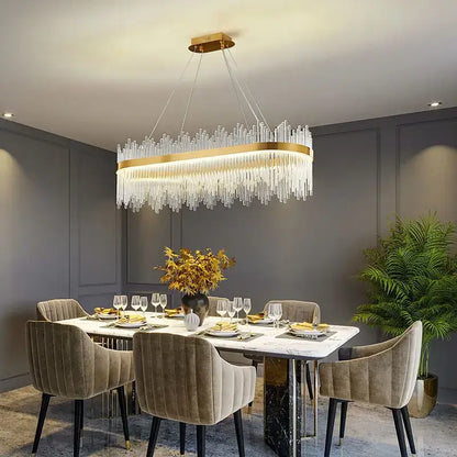 Luxury gold decorbites crystal led oval chandelier with cascading clear crystal prisms for dining room light
